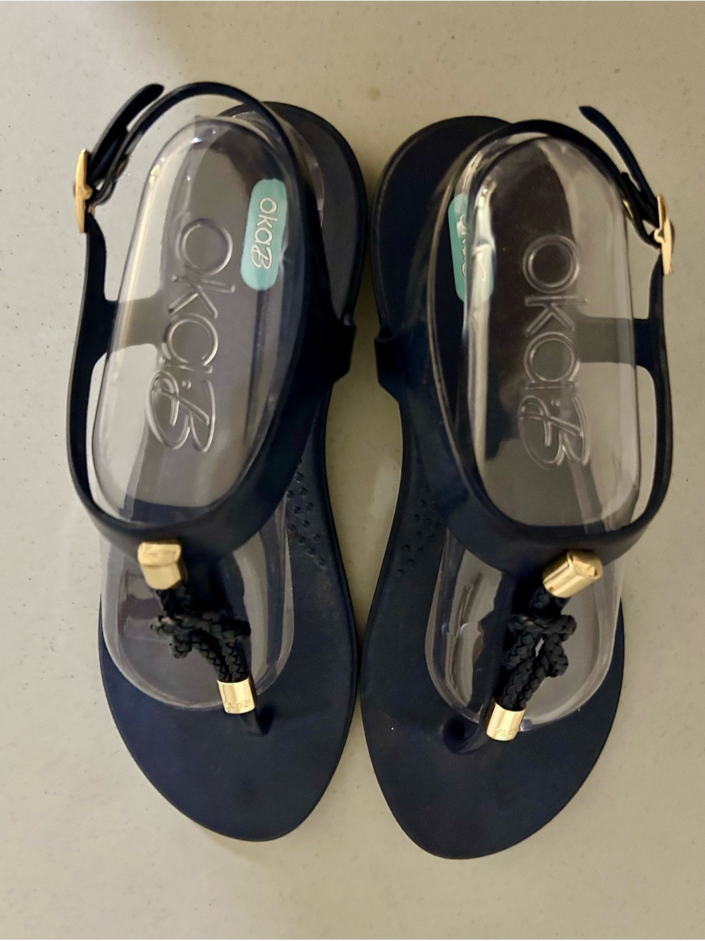 OKA b. Navy Braided T-Strap Sandals with Gold Accents